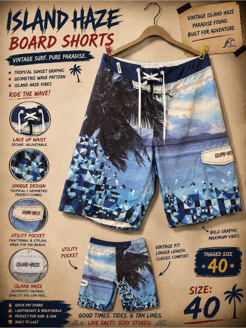 Islandhaze Men’s Blue Tropical Graphic Board Shorts